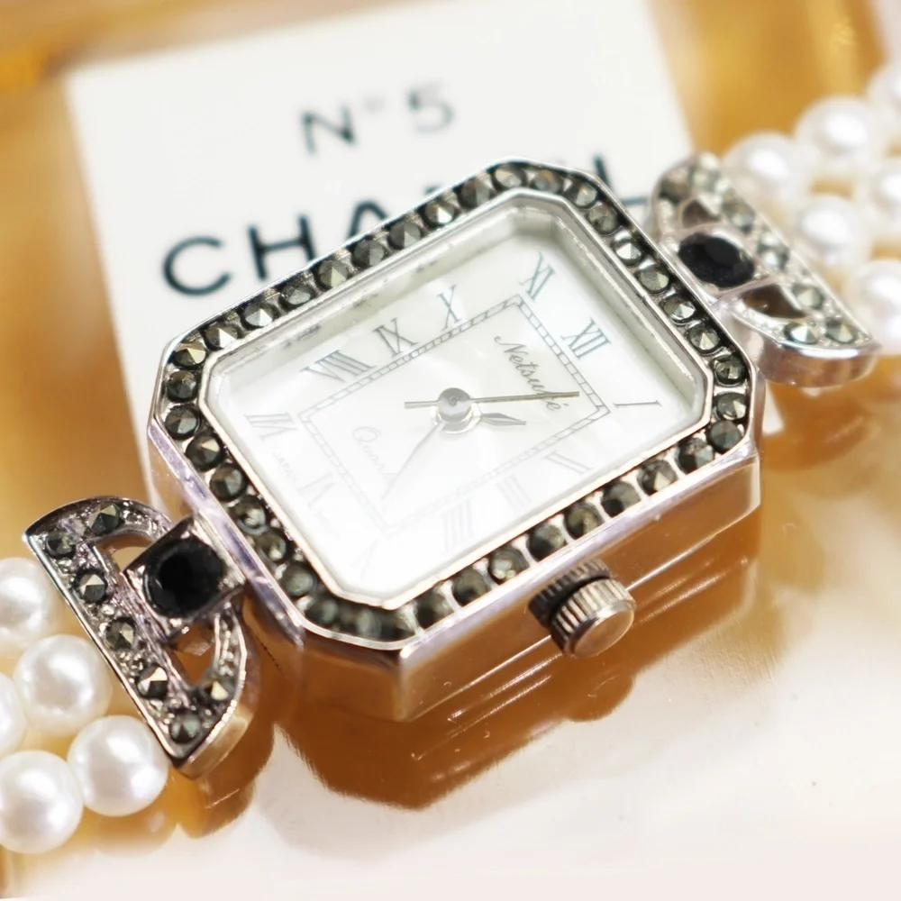 Elegant Vintage Netsuke Pearl & Marcasite Watch